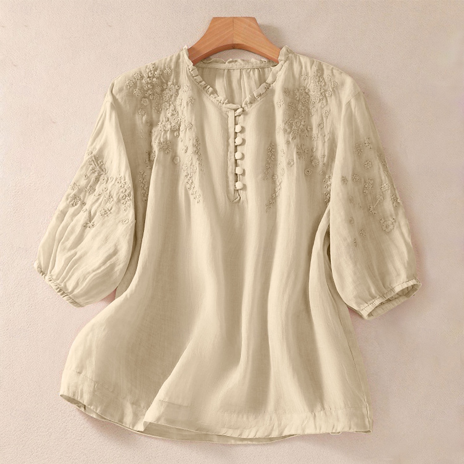 Per donna 100% cotone Camicia button-down Tessuto Ricamato Bottoni Vintage Scollo a V Top lunghi Casuale giallo verde Rosa Blu reale Viola Estate Primavera del 2026 a $31.99 –P5