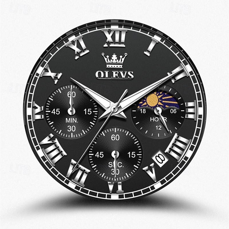 2026年 olevs メンズ腕時計 ラグジュアリー ビジネス クロノグラフ ムーンフェイズ ブラック ステンレススチール 防水 夜光 日付 ローマ数字 ドレス ファッション クォーツ腕時計 男性へのギフト  コレクション – $22.99 –P3