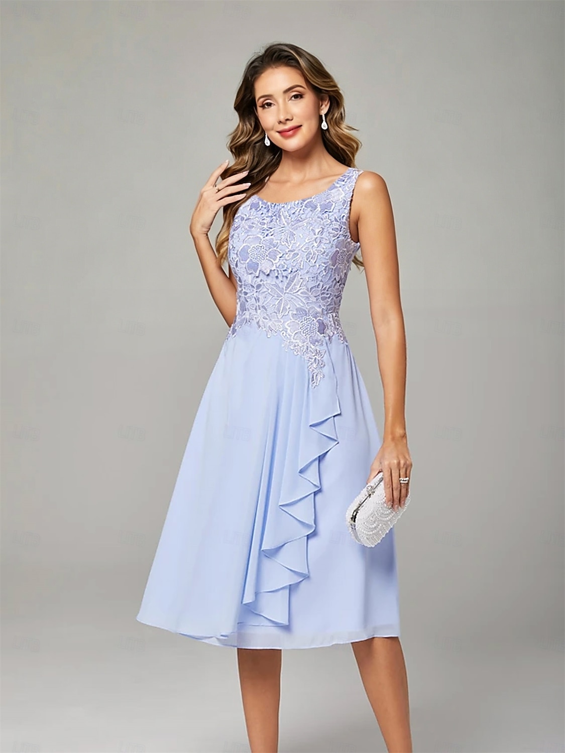 Due Pezzi Linea ad A Lunghezza al ginocchio Abito da invitata a nozze Abito da cerimonia per signora Senza Maniche Collo a U Elegante Ospite di nozze Ricevimento di matrimonio Chiffon Pizzo Abiti con del 2026 a $172.99 –P7