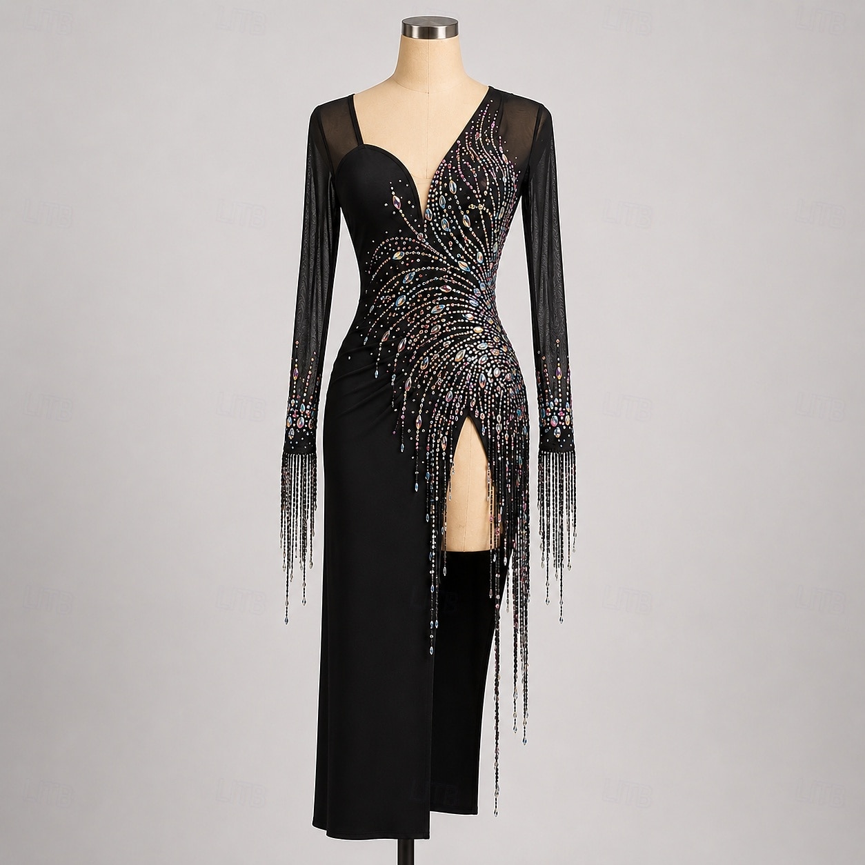 Women's Black Latin Dance Dress - Professional Salsa Samba Competition Gown - Vibrant Rhinestone & Beaded Fringe Performance Wear - Sheer Mesh Sleeve Ballroom Outfit 2026 - $405.19 –P1