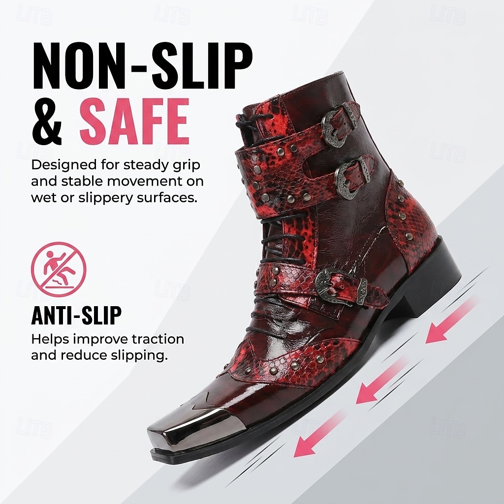 Men's Red Western Biker Boots – Exotic Buckle Ankle Boots, Vintage Cowboy Footwear for Motorcycle Riding, Concerts, Music Festivals and Nightlife 2026 - $149.99 –P2