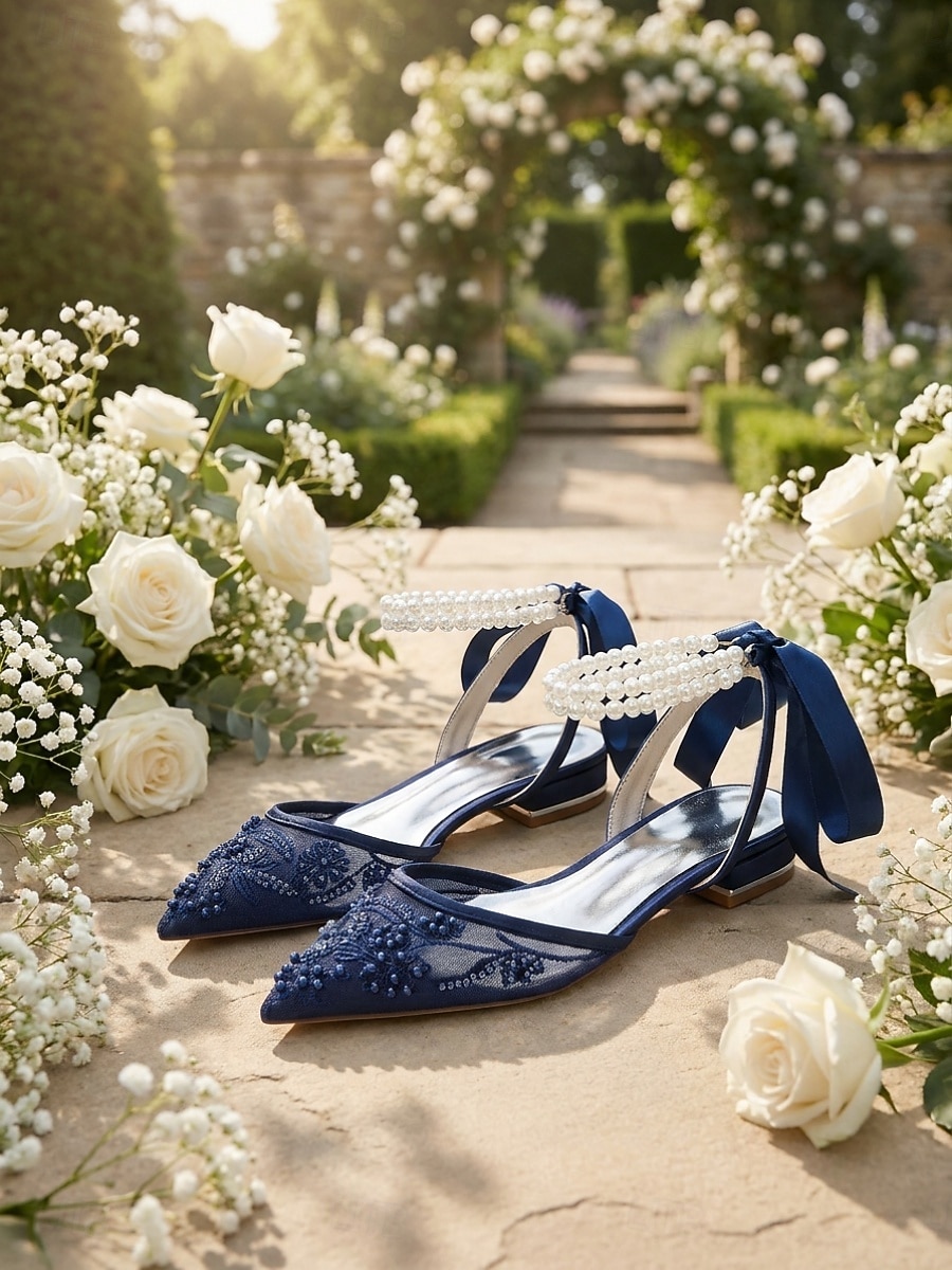 Women's Navy Blue Wedding Flats - Pearl Ankle Strap Mesh Bridesmaid Shoes with Bow for Garden Wedding Guest 2026 - $69.99 –P2