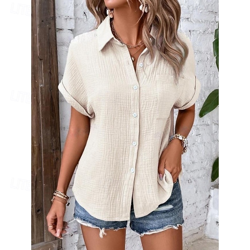 Mujer Camisa Blusa Retazos Bolsillo Color sólido Elegante Moda Casual Manga Corta Cuello Camisero Tops regulares Casual Rosa Naranja Marrón Verde Trébol Albaricoque Verano Primavera 2026 - $22.99 –P2