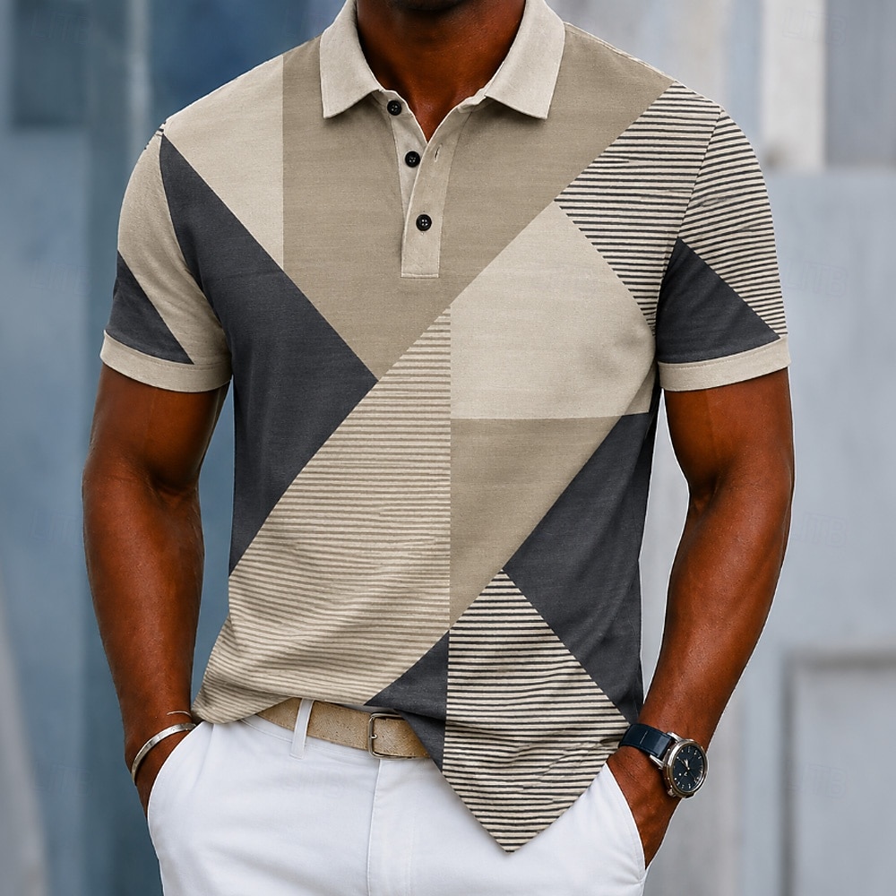 Men's Color Block Geometic Polo Shirts Short Sleeve Polo Shirts Collared Shirts Casual Athleisure Daily Wear 3D Print Buttons Breathable Mesh Spring & Summer Blue Purple Brown 2026 - $22.99 –P1