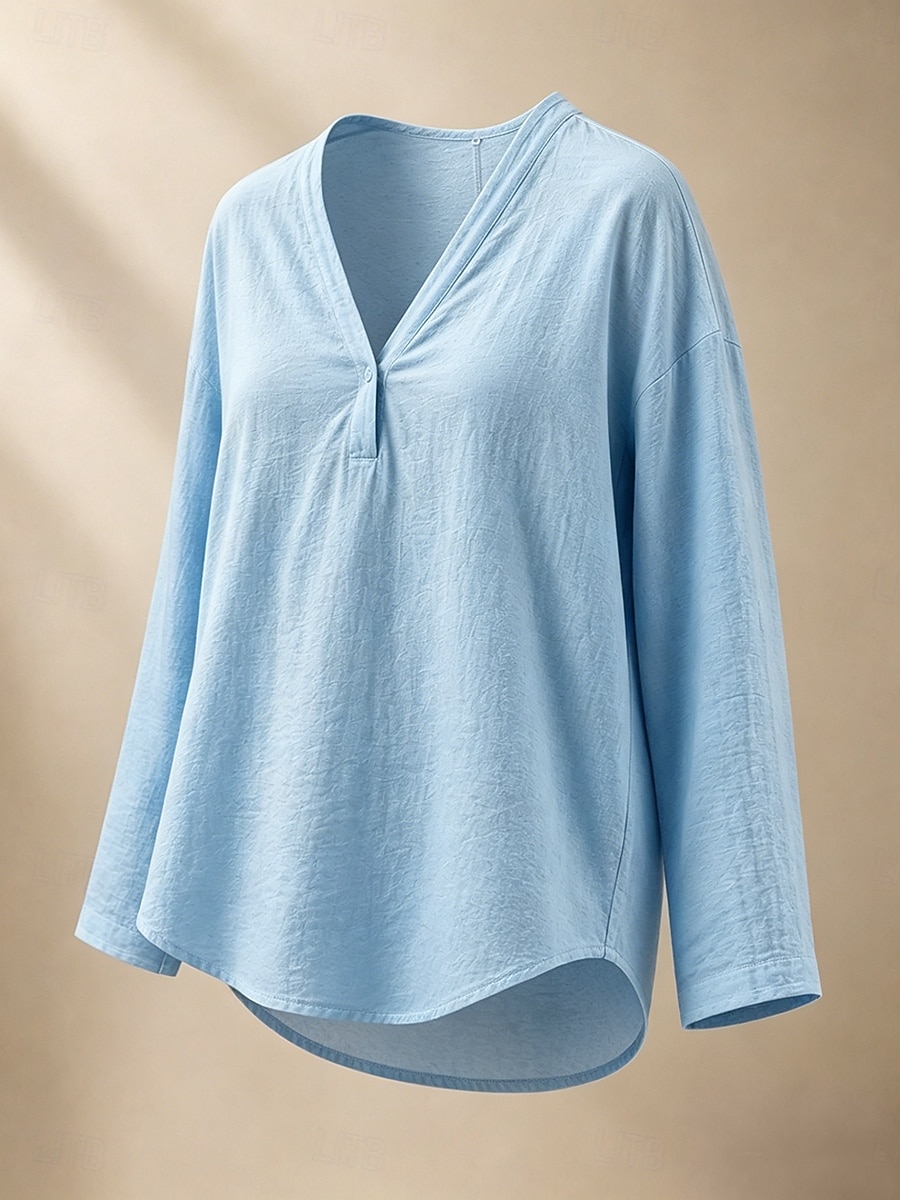 Women's Shirt Linen Shirts Blouse Solid Color Vintage Stylish Modern Long Sleeve V Neck Regular Tops Daily Holiday Going out White Pink Sky Blue Spring Fall 2026 - $25.99 –P3