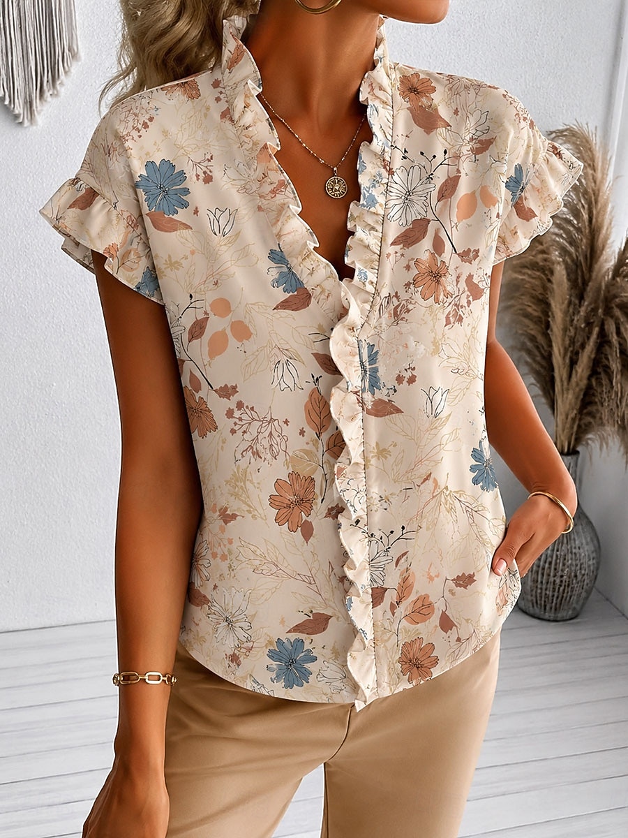 Mujer Camisa Sayo Volante Floral Graphic Elegante Moda Diario Manga Corta Escote en Pico Tops regulares Casual Diario Morado Naranja Verde Trébol Verano Primavera 2026 - $27.99 –P2