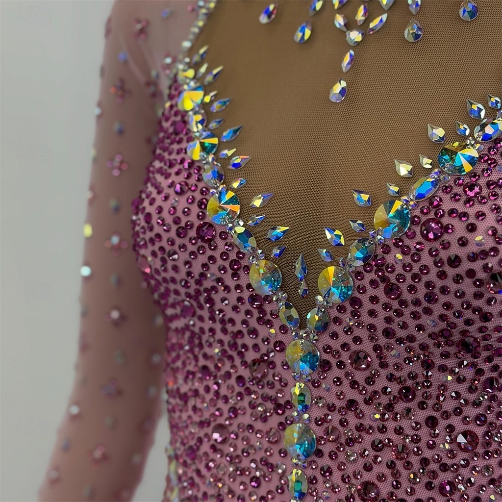 Robe de patinage artistique Femmes Patinage Robe Rose Patchwork Dos Nu Élastique Entraînement Compétition Tenue de Patinage Classique cristal pailleté manche longue Patinage sur glace Patinage de 2026 ? $536.99 –P5