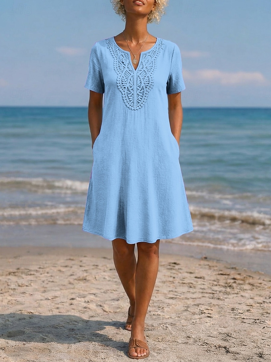 Mujer Vestido hasta la Rodilla Vestido bohemio Vestido de encaje Elegante Diario Holgado Plano Manga Corta Escote en Pico Bleu Ciel blanquecino Morado Azul Oscuro Verano 2026 - $10.49 –P4