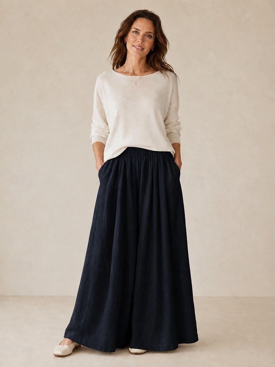 Damen-Leinenhose mit weitem Bein, mittelhoher Bund, durchgehende Taschen, elastischer Bund, Vintage-Stil, Resort-Look, lässig, Reisweiß 2026 - $45.99 –P7