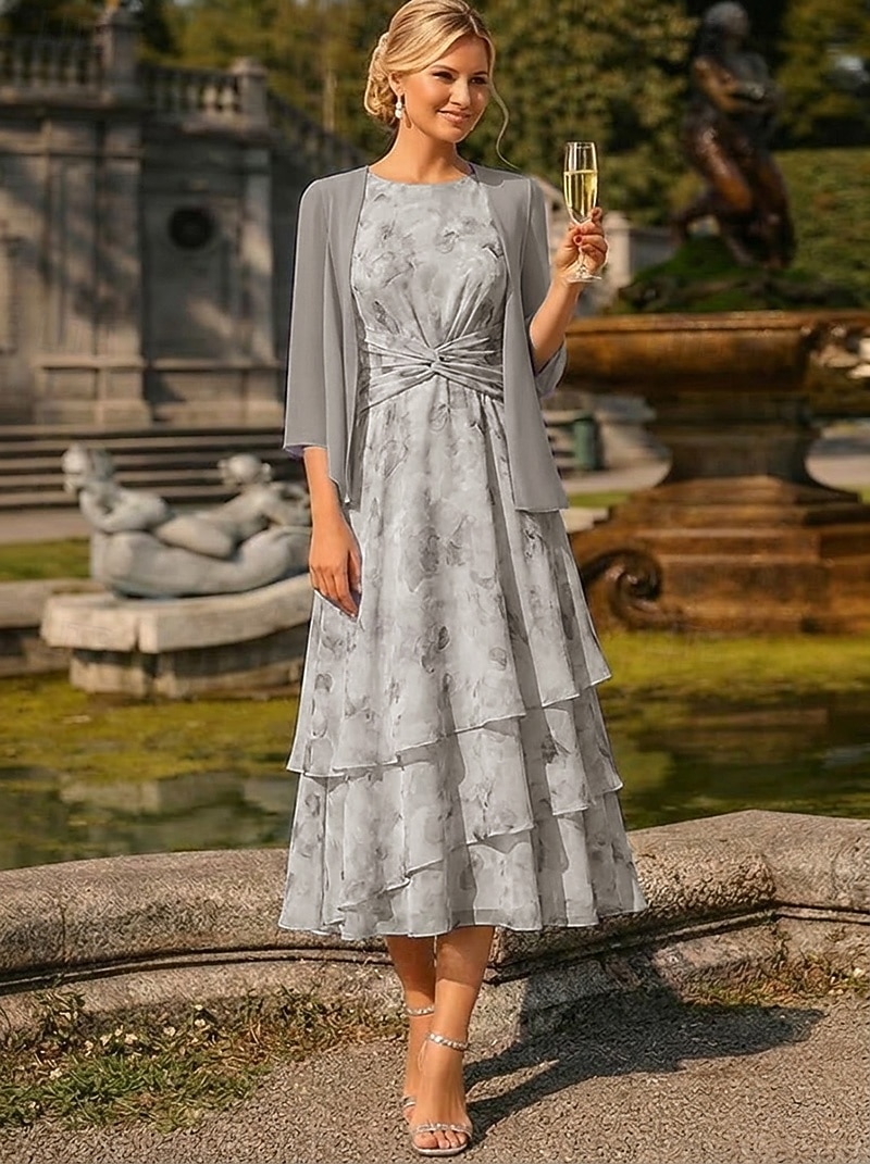 Two Piece A-Line Tea Length Wedding Guest Dress Mother of the Bride Dress Sleeveless 3/4 Length Sleeve Crew Neck Elegant Simple Minimalist Formal Semi Formal Chiffon Jacquard with Floral Print Ruched 2026 - $182.99 –P15