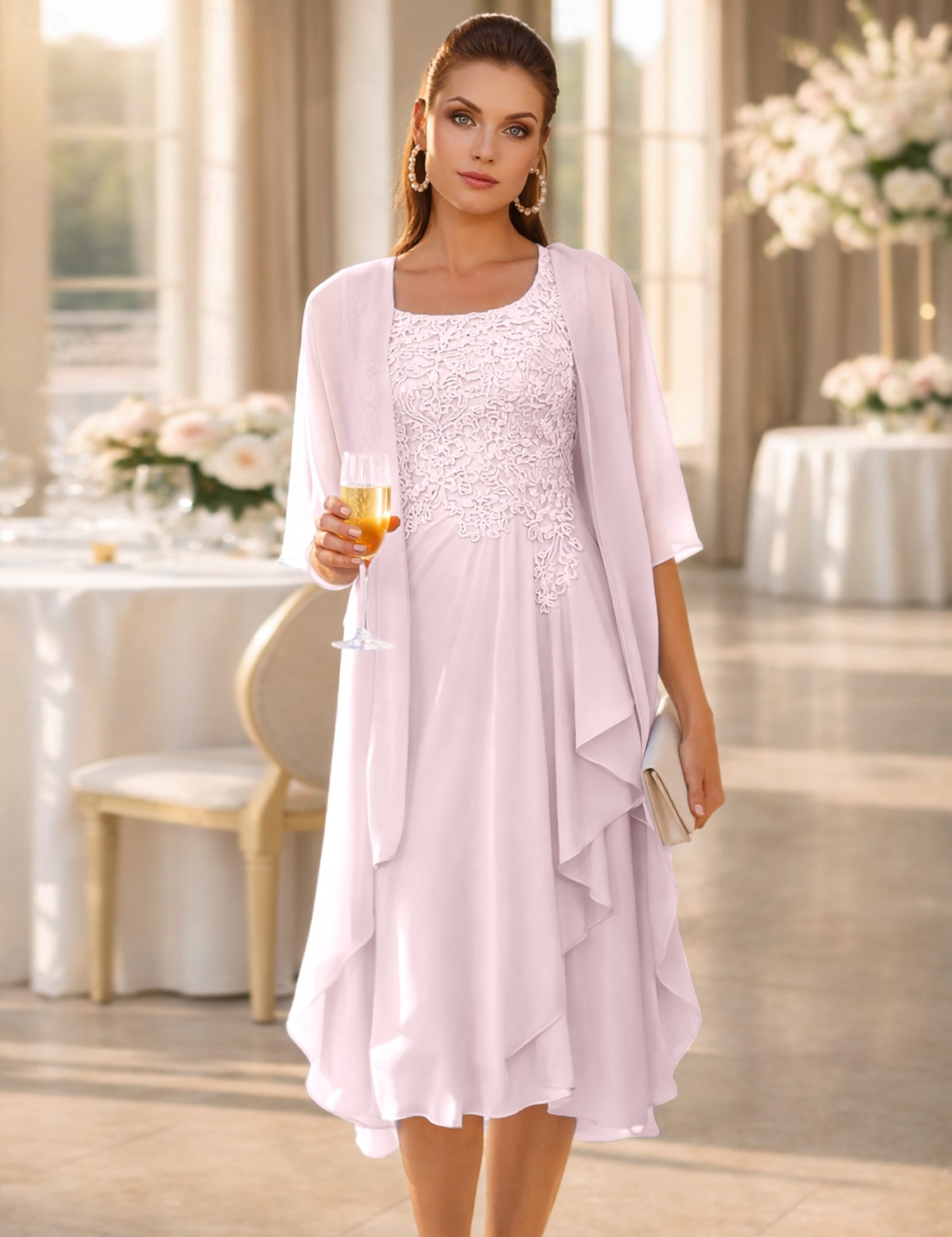 Due Pezzi Linea ad A Lunghezza al ginocchio Abito da invitata a nozze Abito da cerimonia per signora Senza Maniche Collo a U Elegante Ospite di nozze Ricevimento di matrimonio Chiffon Pizzo Abiti con del 2026 a $172.99 –P14