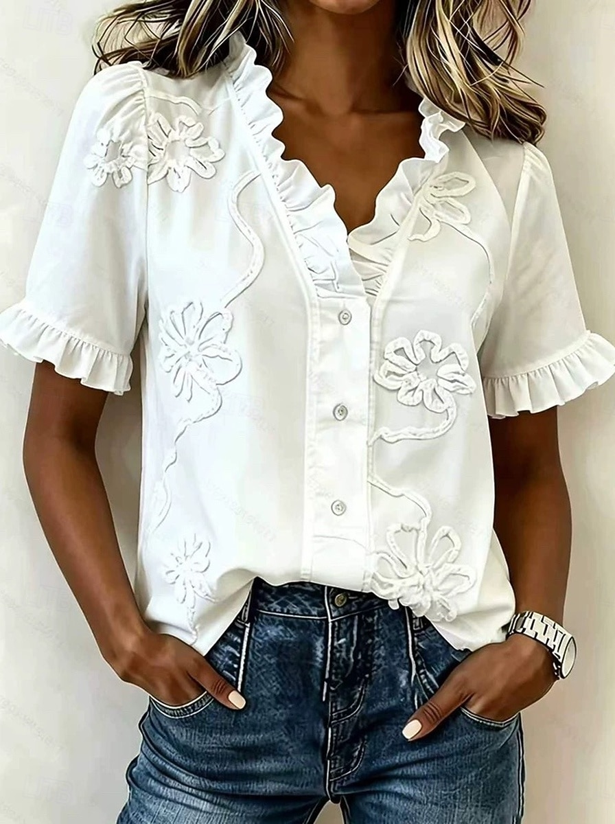 Per donna Blusa Camicie ricamate Ricamato Floreale Elegante Moderno Manica Corta Scollo a V Top Regolari Casuale Quotidiano Ferie Bianco Estate Primavera del 2026 a $26.99 –P1