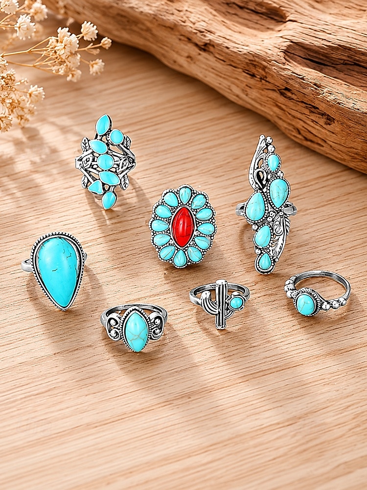 set di anelli turchesi da donna, anelli impilabili in lega d'argento vintage, gioielli boho sud-occidentali western da cowgirl, anelli vistosi con cactus floreali per vacanze, festival e uso del 2026 a $11.99 –P3