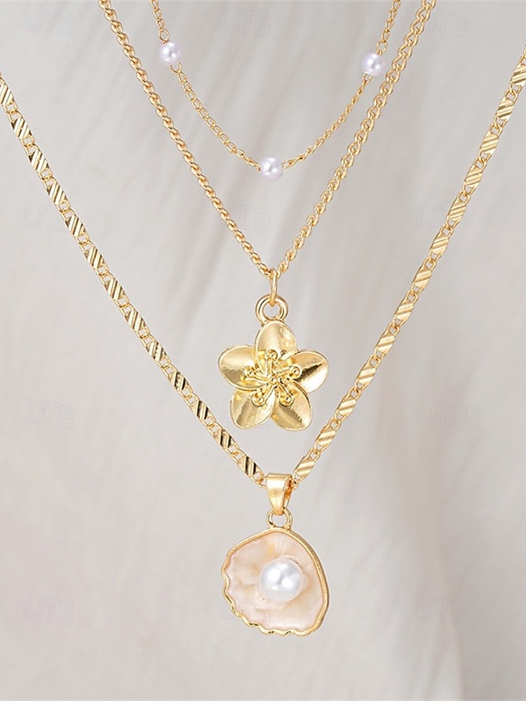 Women's 3PCS Layered Necklace Set, Gold Alloy & Faux Pearl Triple Strand Necklace with Flower and Shell Pendant, Elegant Summer Vacation Jewelry Gift 2026 - $7.99 –P3