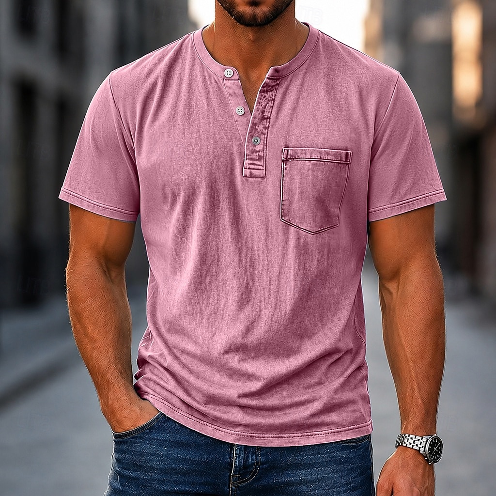 Men's Henley Shirt 100% Cotton Acid Wash Shirt T shirt Tee Short Sleeve Plain Retro Vintage Casual Distressed Vintage Style Washed Henley Casual Spring & Summer Summer Spring Black Light Green Pink 2026 - $31.99 –P7