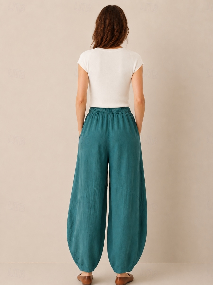 Women's Linen Bloomers Trousers Mid Waist Full Length Drawstring Pocket Vacation Blue Violet Green Summer Fall 2026 - $49.99 –P4