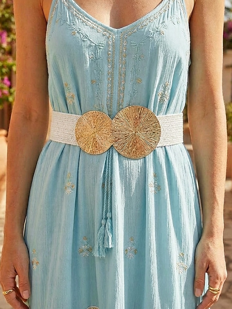 Γυναικεία ζώνη μέσης από ελαστικό ύφασμα boho, πολύχρωμη ζώνη από άχυρο με χρυσή αγκράφα για καλοκαιρινές διακοπές, παραλία, θέρετρο και casual ντύσιμο 2026 - $11.99 –P2