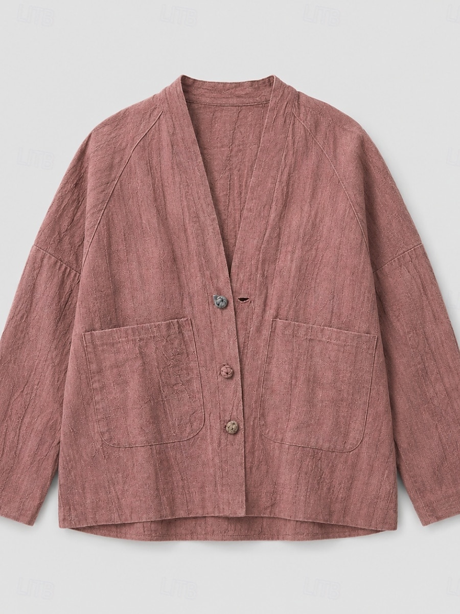 camicetta da donna in lino a maniche lunghe con bottoni, scollo a V, tasca, vestibilità regolare, stile vintage casual, bordeaux, blu navy, marrone, autunno/inverno del 2026 a $45.99 –P4