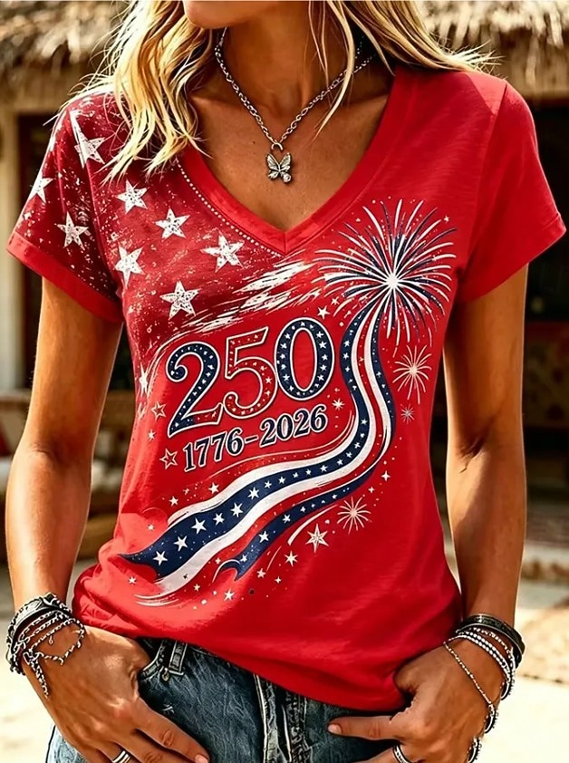 Camiseta patriótica del 250 aniversario de mujeres con impresión gráfica de bandera letras vintage estilosa clásica de manga corta cuello en V regular moda diaria azul blanco negro rojo verano 2026 - $21.99 –P4