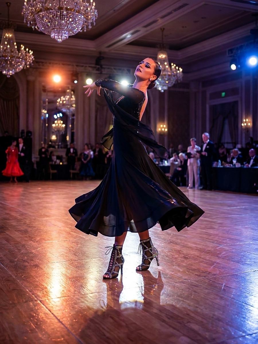 Women's Black Sparkle Rhinestone Ballroom Dance Boots – Black Mesh Latin Dance Heels with Lace-Up Design & Back Zipper for Salsa, Tango, Bachata & Stage Performance 2026 - $79.99 –P7