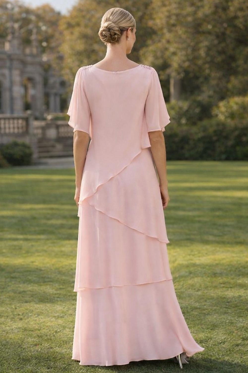 A-Linie Bodenlang Kleid für Hochzeitsgäste Stufenkleid Abendkleid Brautmutterkleid Kurzarm Wasserfallausschnitt Elegant Formell Hochzeitsgast Semi-Formal Chiffon mit Rüschen Drapierung Stufen 2026 - $171.99 –P3