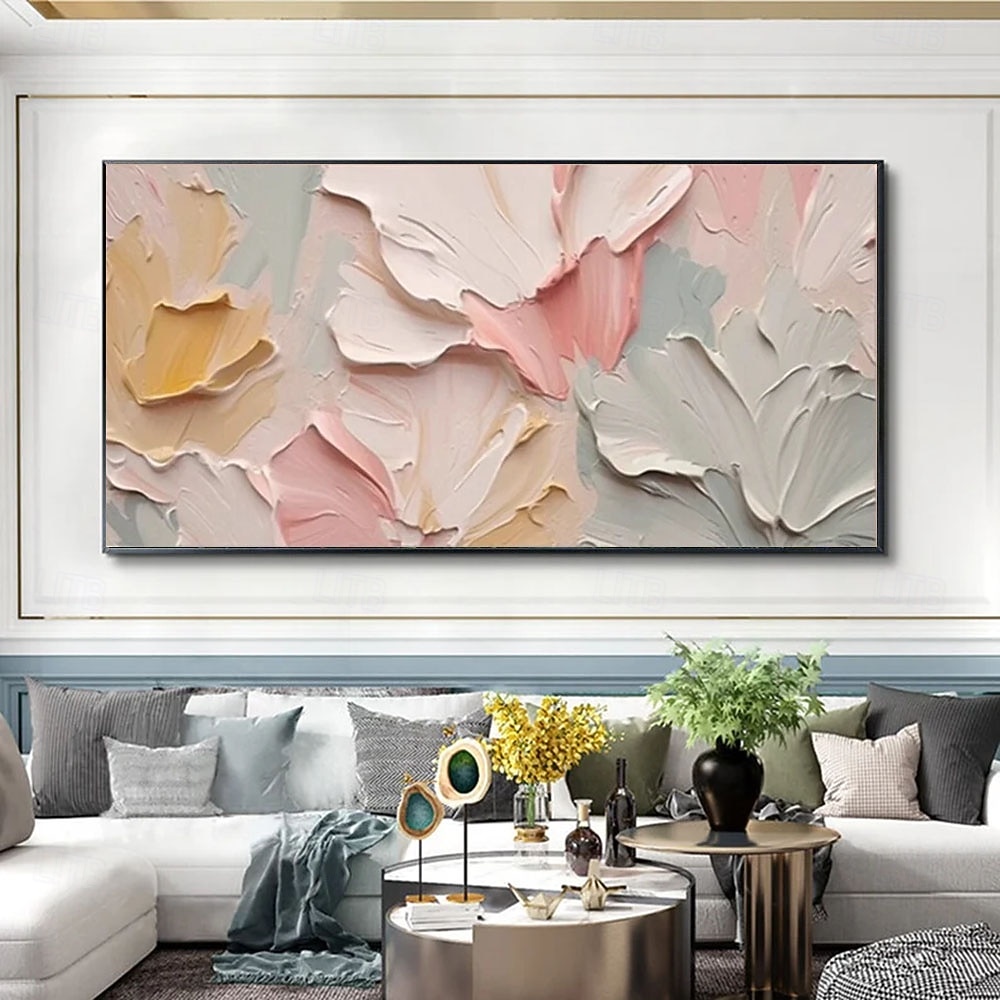 Tableau à l'huile unique, peint à la main, abstrait, représentant une fleur rose crème sur toile texturée 3D. Décoration murale printanière pour salon, aux couleurs douces et texturées. de 2026 ? $106.99 –P3