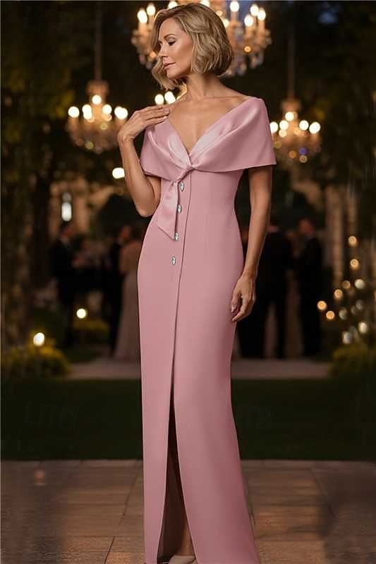 Funda Columna Hasta el Suelo Vestido formal Vestido de noche Vestidos de noche Elegante Estilo de Celebridad Manga Corta Hombros Caídos Fiesta de Noche Boda con Botones Abertura Chal 2026 - $160.99 –P4