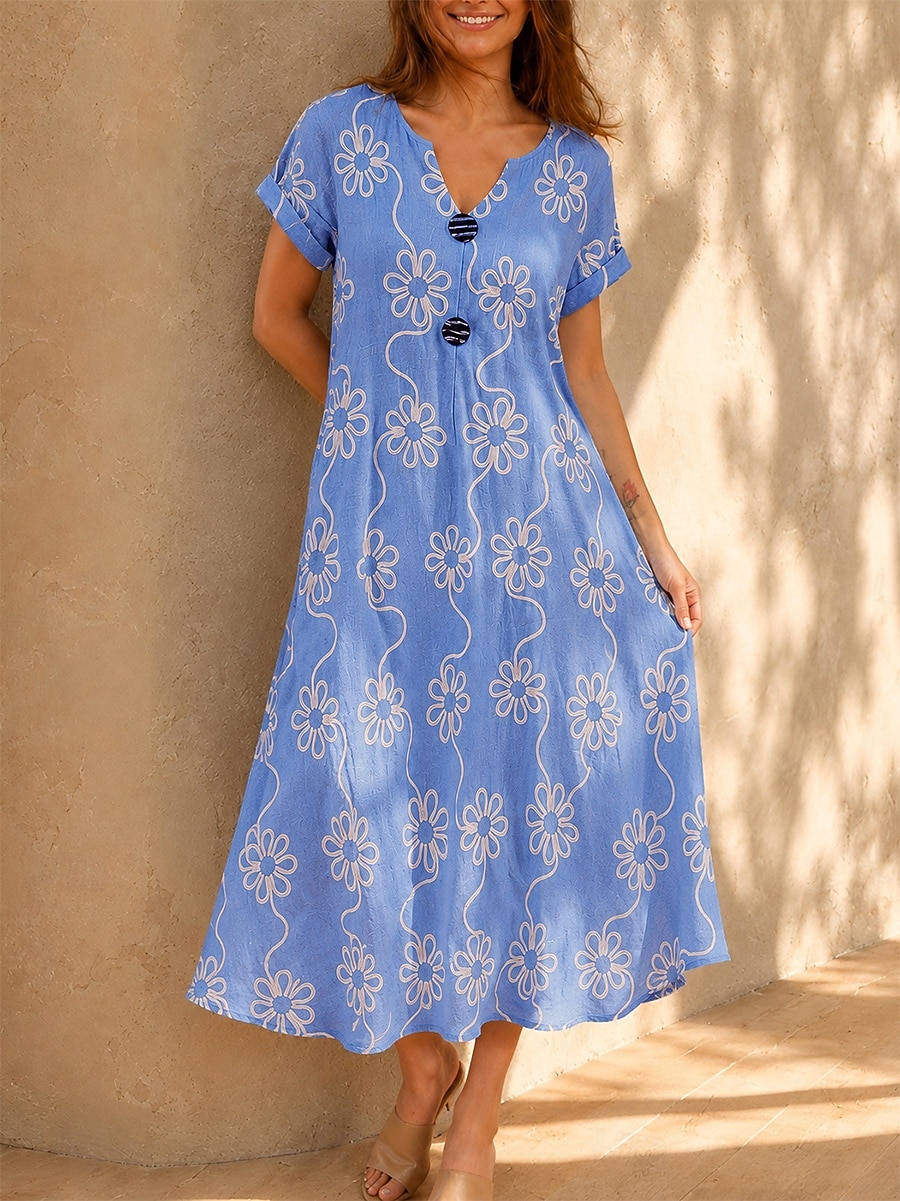 Pentru femei Rochii Midi Rochie cu broderie florală Rochie de vară De Bază Clasic Zilnic Vacanță Potrivire Largă Floral Manșon scurt În V Albastru piscină Alb Vară Primăvară 2026 - $33.99 –P2