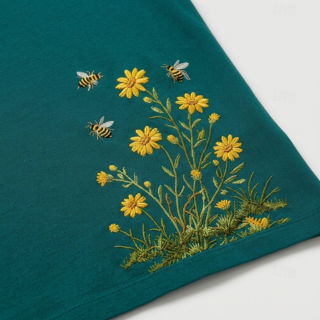Damen-T-Shirt aus 100 % Baumwolle mit Stickerei, Sommer-Tops mit floralem Pflanzenmuster, elegantem Vintage- und tropischem Design, Kurzarm, Rundhalsausschnitt, langes Oberteil, lässig, für Strand und 2026 - $28.99 –P3