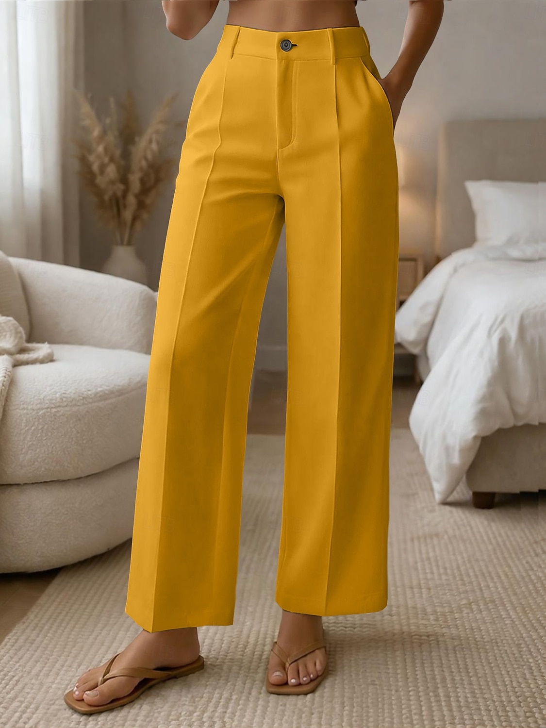 Mulheres Perna larga Calças Social Calça casual Moda Roupa de rua Básico Comprimento total Cintura Alta Tecido Bolsos Cintura elástica Confortável Sem Elasticidade Diário Escritório Férias Verde de 2026 por $10.99 –P9