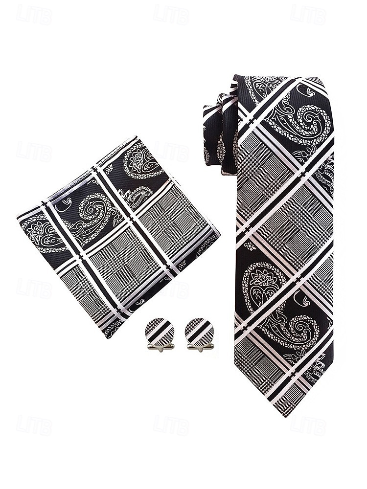 Krawatten-, Einstecktuch- und Manschettenknopfset für Herren, mehrfarbig gemustertes Polyester-Krawattenset für Hochzeiten, Business-Anlässe, formelle Anlässe und Abendgarderobe 2026 - $14.99 –P8