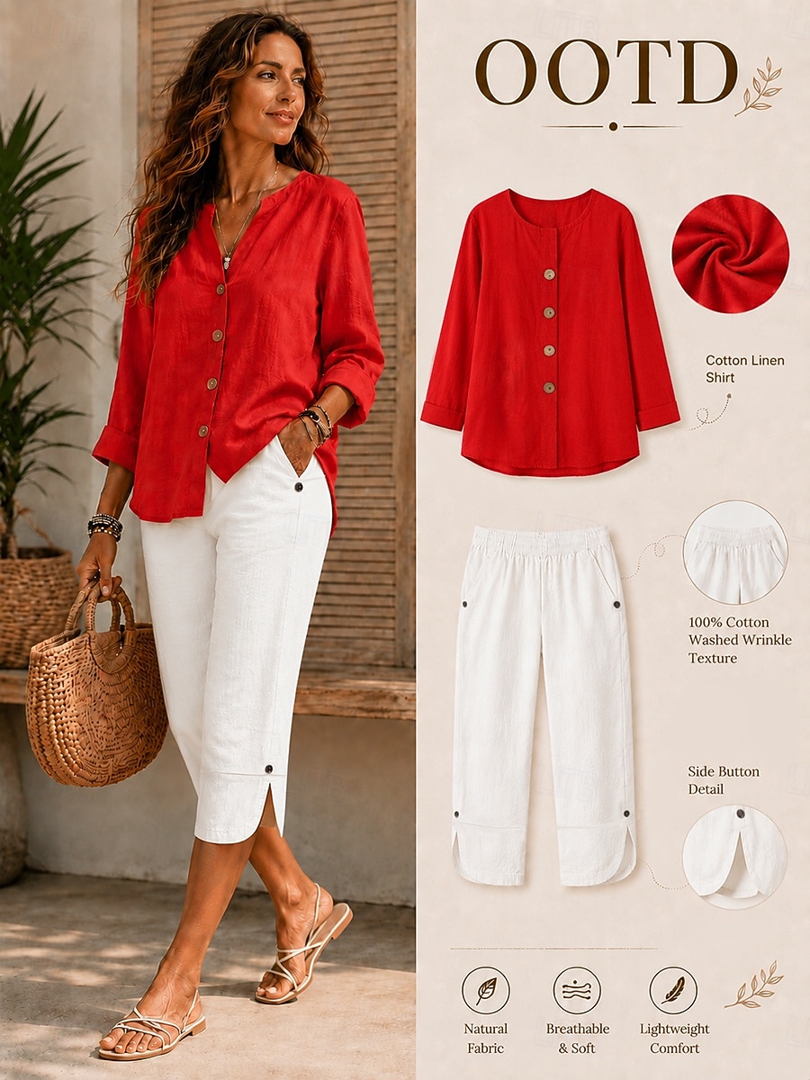 Camicie da donna in lino, blusa con bottoni, tinta unita, casual, maniche a 3/4, scollo a V, top classici, nero, bianco, rosso, arancione, verde, estate, primavera, autunno del 2026 a $27.99 –P1