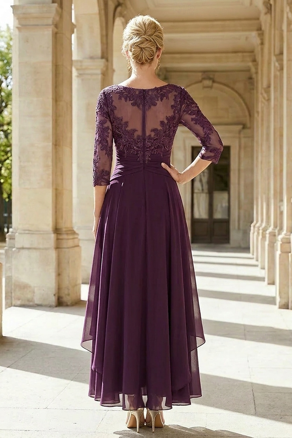 A-Line Ankle Length Party Dress Cocktail Dress Wedding Guest Dress Mother of the Bride Dress 3/4 Length Sleeve Jewel Neck Elegant Plus Size Wedding Guest Wedding Party Chiffon Lace with Ruched Sequin 2026 - $195.99 –P2
