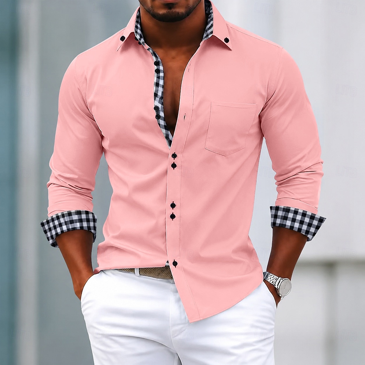 Men's Shirt Dress Shirt Button Down Shirt Non Iron Shirt Color Block Casual Daily Light Pink Light Blue Black White Long Sleeve Turndown All Seasons Clothing Apparel Patchwork 2026 - $32.99 –P5