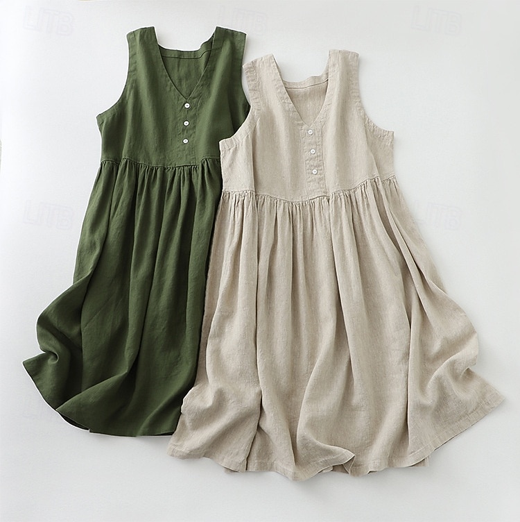 نسائي فستان ميدي 100% Cotton عتيق مناسب للبس اليومي فضفاض صالح سهل بدون كم V رقبة هيذر أخضر عسكري الصيف الربيع 2026 - $18.49 –P1