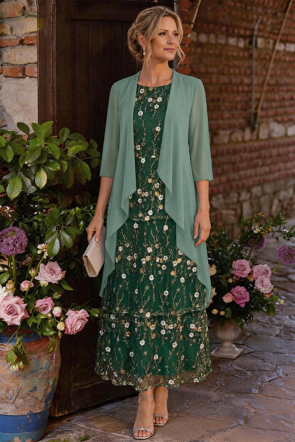 Două Piese Linia -A Lungime Gleznă Rochie Mama Miresei Lungime Manșon 3/4 Stil Nautic Elegant Simplu Luxos Oficial Invitat la nunta Șifon Dantelă Rochii jacheta cu Volane Straturi Broderie 2026 - $171.99 –P2