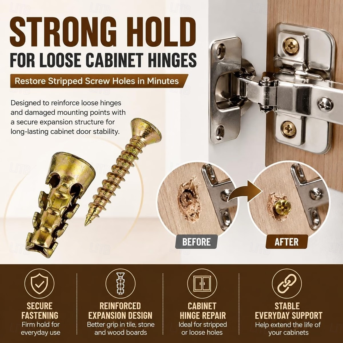 Juego de tornillos de expansión cortos de 6×14 mm, anclajes de pared de expansión cortos, para reparación de bisagras de armarios &Restauración de roscas dañadas, juego de 30/50/100 fijaciones seguras 2026 - $10.99 –P10