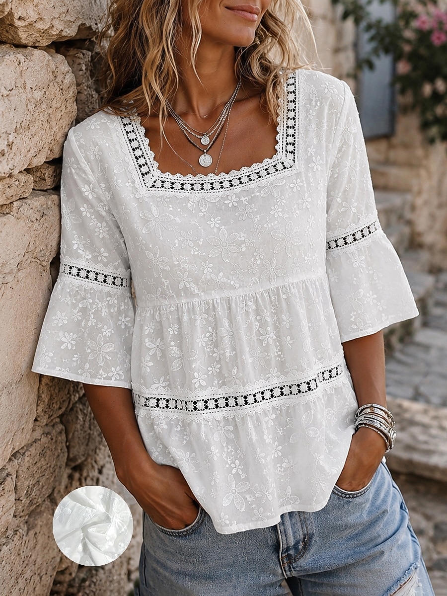 Women's Lace Splicing Top Ruched Texture Ruffle Elegant 3/4 Length Sleeve Square Neck Casual White Summer Spring 2026 - $33.99 –P1