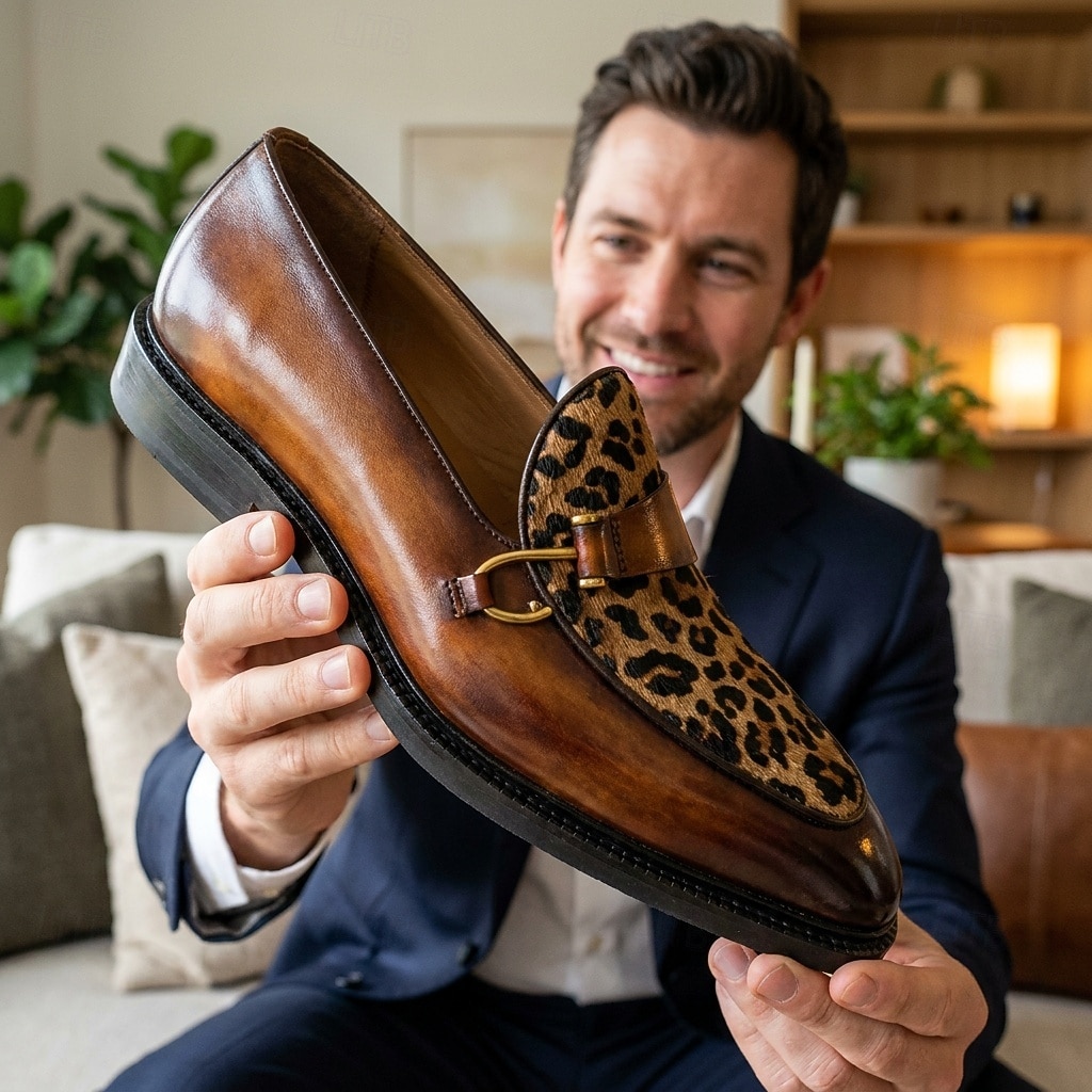 Męskie mokasyny z nadrukiem w panterkę, wsuwane buty wizytowe, modne buty na wesele, do klubu, na wieczorne imprezy 2026 - $109.99 –P1