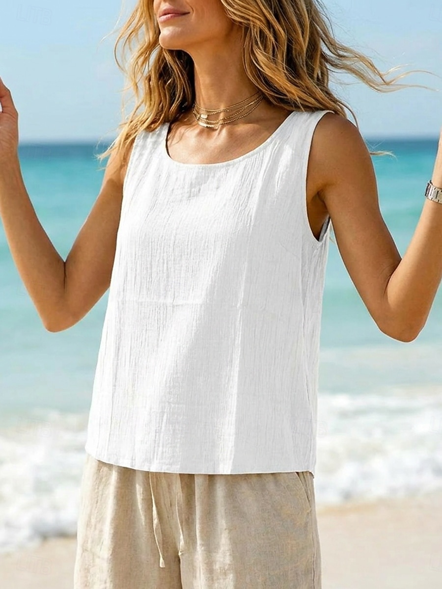 Mujer Chaleco de lino y algodón Frunce Textura Color sólido Vintage Sin Mangas Camiseta con cuello redondo Tops regulares Blanco Negro Verde Claro Rosa Gris Claro Verano Primavera 2026 - $12.99 –P6