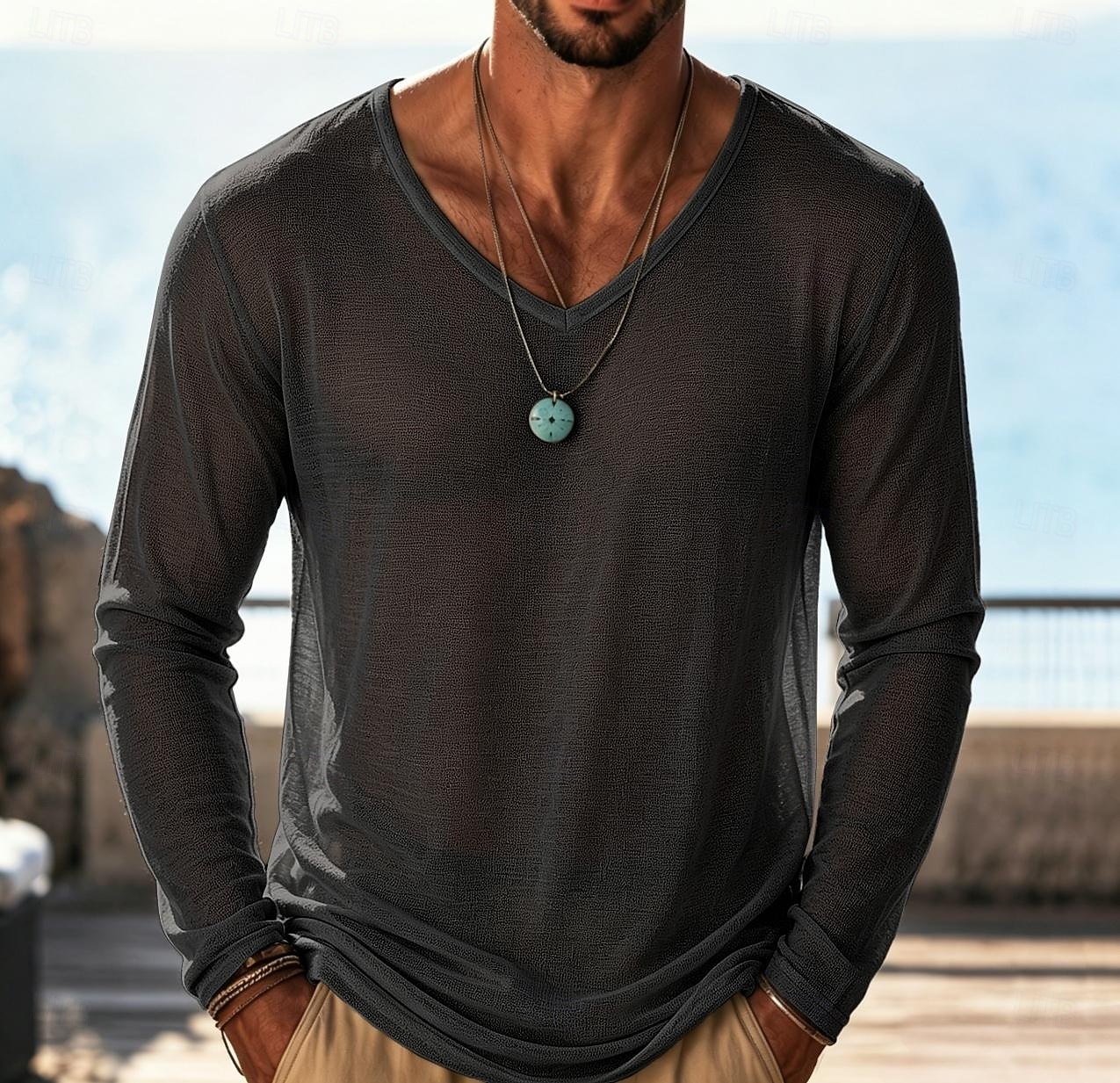 Herren T Shirt T-Shirt Langarm V Ausschnitt Sommer Frühling Einfach Mode Designer Leicht Klassisch Weich Urlaub Straße Ausgehen Schwarz Himmelblau Purpur Top T-Shirt für Herren 2026 - $24.99 –P10