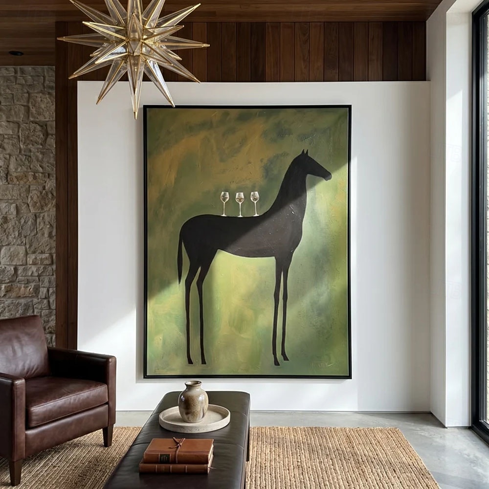 Hand painted Modern Abstract Animal paintings Horse Art Original Surreal Horse Painting with Martini Glasses Olive Green Minimalist Black Animal Wall Art 2026 - $118.99 –P1