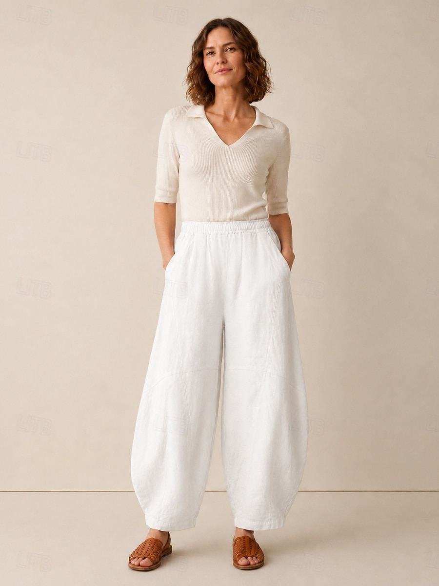 Pantalones bombachos de lino para mujer, cintura media, largo completo, bolsillo, cintura elástica, vacaciones, azul arroz 2026 - $49.99 –P18