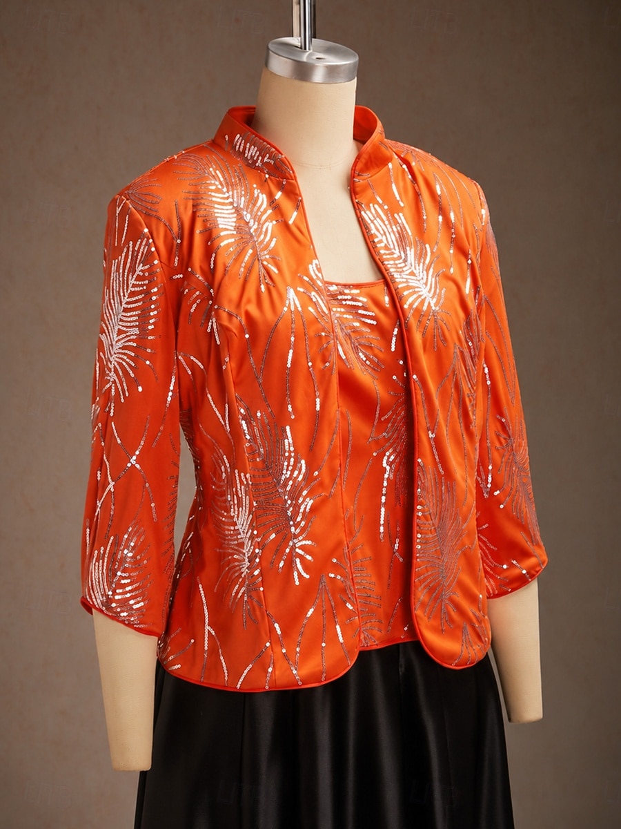 Women's Sequin Tops Twinset Sequins Feather Elegant 3/4 Length Sleeve Mandarin Collar Regular Tops Wedding Guest Orange Spring Fall 2026 - $93.99 –P4
