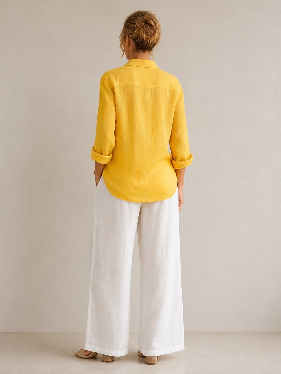 Camicetta da donna 100% lino europeo a maniche lunghe, scollo a V, colletto, tinta unita, elegante casual, blu, bianco, giallo del 2026 a $49.99 –P4