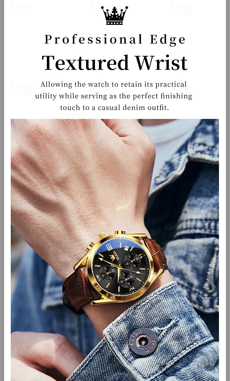 OLEVS Men's Luxury Watch Black Leather Strap Chronograph Waterproof Luminous Analog Quartz Wristwatch with Date Business Fashion Dress Watches for Men Gifts 2026 - $42.99 –P16