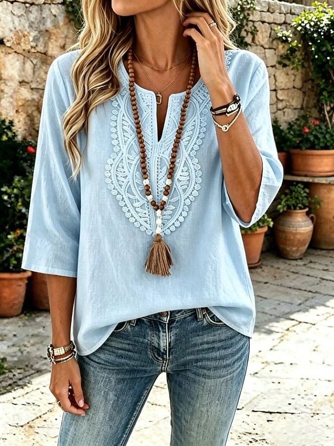 Damen Hemd Boho-Hemd Spitzenbluse Elegant Bohemien Urlaub Dreiviertelarm Lange Oberteile Lässig Täglich Ferien Blau Weiß Khaki Rosa Rote Sommer Frühling 2026 - $24.99 –P2
