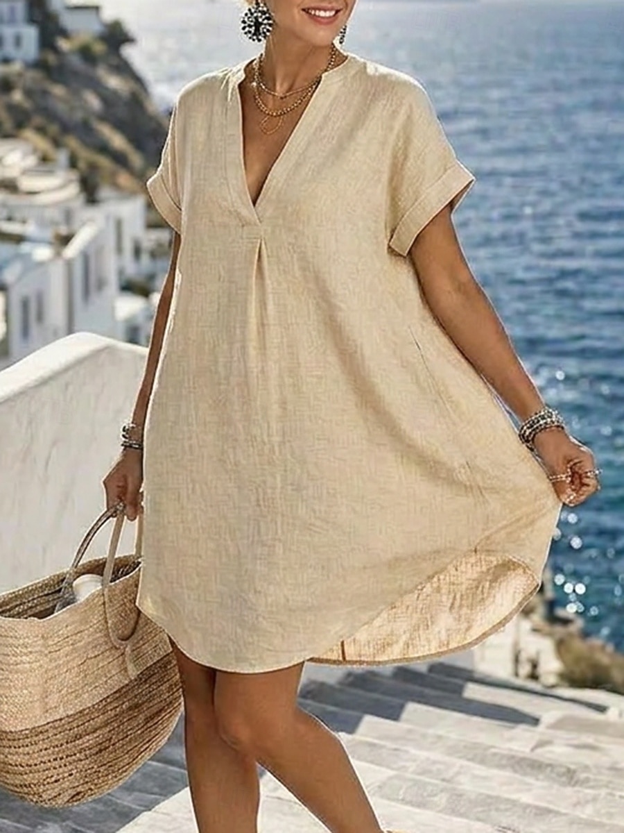 Women's Knee Length Dress Linen Dresses Vintage Daily Slim Plain Short Sleeve V Neck Khaki Red Orange Summer 2026 - $14.49 –P6