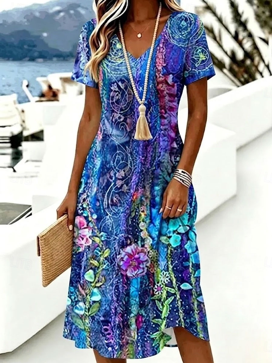 Femmes Robe Longueur Genou Robe T-Shirt Robe trapèze Vacances Occasionnel Boho Plage Coupe régulière Fleuri Graphique Manche Courte Col en V Bleu Blanche Violet Été Printemps de 2026 ? $25.99 –P1