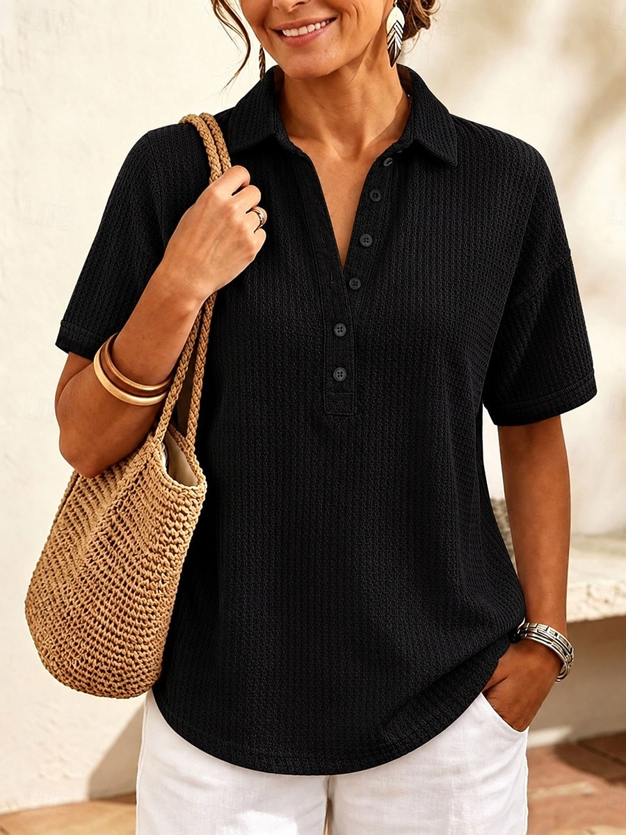 Women's Waffle T-shirt Polo Henley Shirt Buttons Solid Color Plain Vintage Stylish Classic Short Sleeve Shirt Collar Long Tops Casual Daily Blue White Black Pink Red Summer Spring 2026 - $27.99 –P6